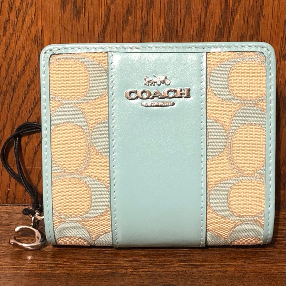 NWT-Coach-Snap Wallet-Signature Coach Jacquard Print-Faded Blue-$178